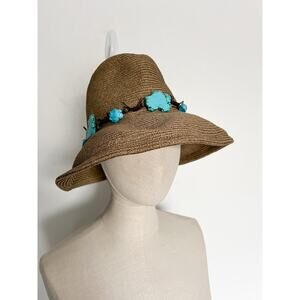 Kokin Straw Sun Hat Turquoise Bendable Brim Tan Summer Resort Vacation